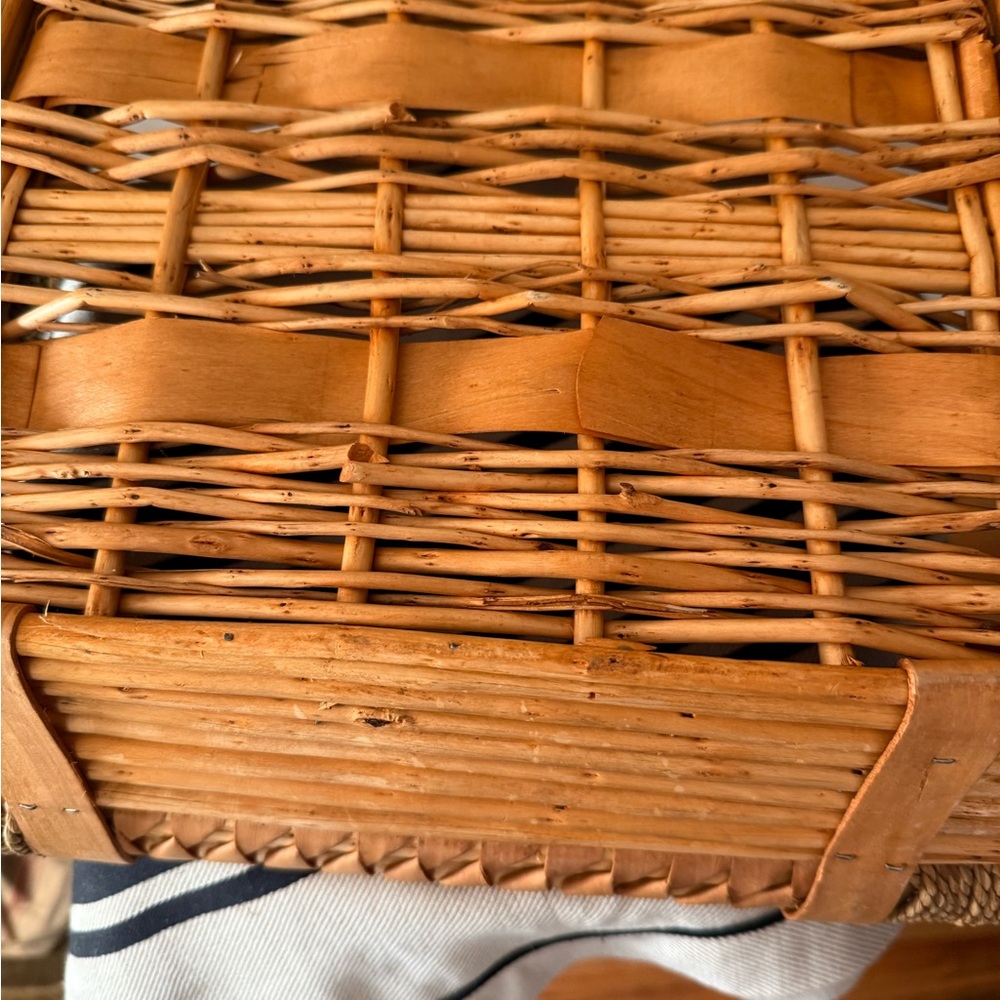Vintage Wicker and Wood Woven Basket Medium Size with Handles - Picture 8 of 13